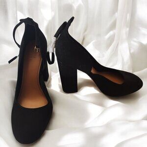 ASOS DESIGN Black Suede Block Heel Pumps Women’s Ankle Strap Round Toe
